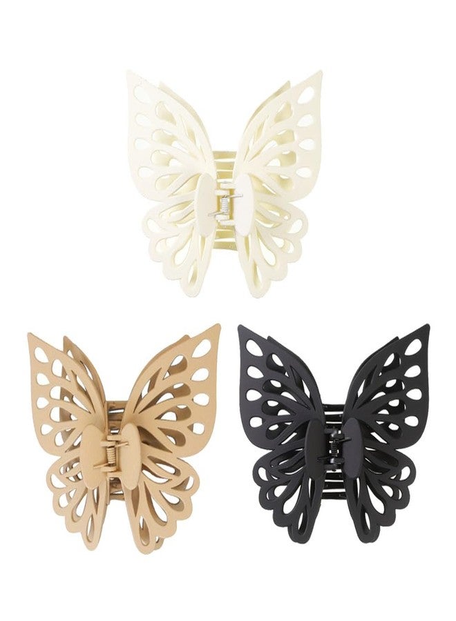 GSHLLO 3 Pcs Butterfly Claw Clips Large Matte Hair Clips Non Slip Jaw Clips Spring Hair Clamps Ponytail Holders Hair Barrettes for Women Girls Black Beige Khaki - Image 1